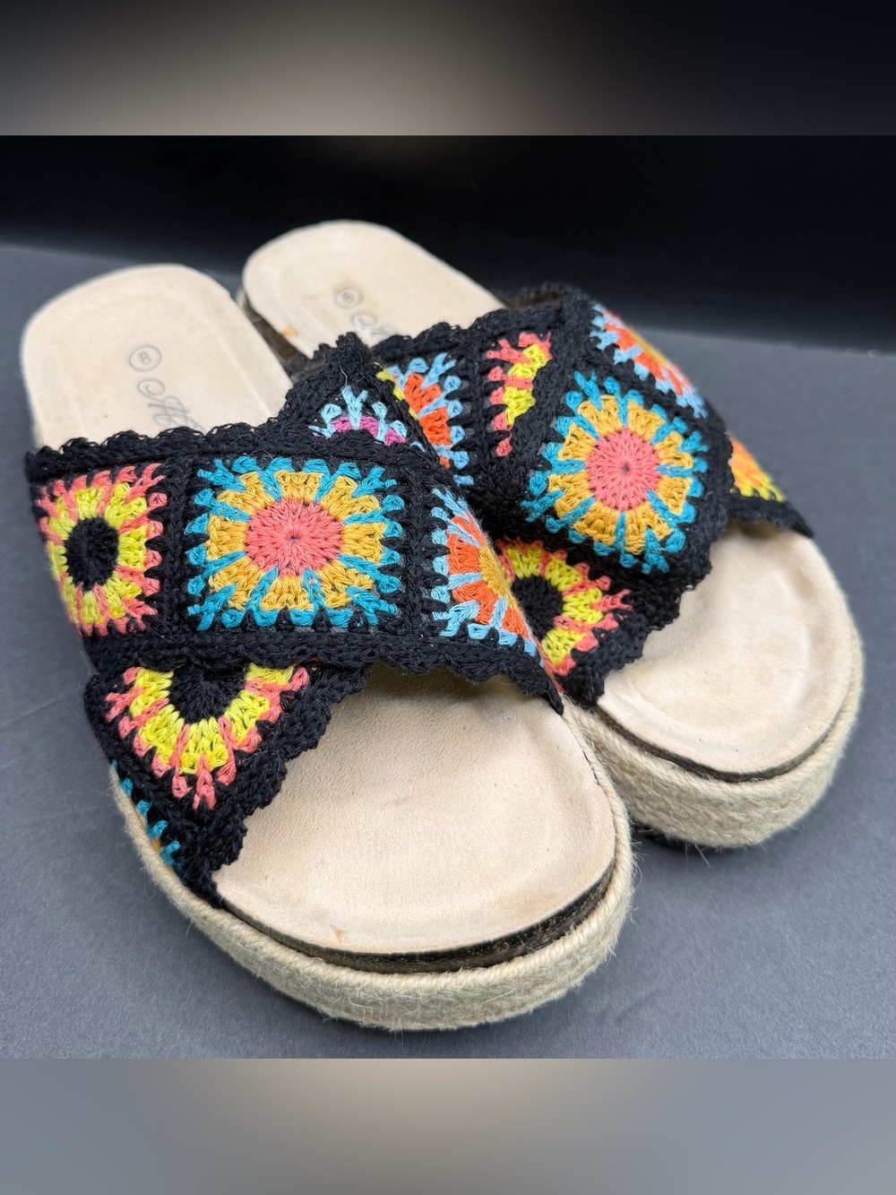 Mata-Crochet Slide Sandals in Black with Multicolor pattern- Size:8